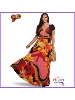 KOH KOH Floral Print Cap Sleeve Flowy Modest Maxi Dress Plus Size Summer